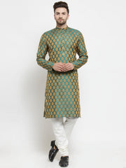 Men Green-Colored & Golden Self Design Kurta with Churidar