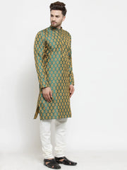 Men Green-Colored & Golden Self Design Kurta with Churidar ( JOKP 586 Green )-JOKP-586
