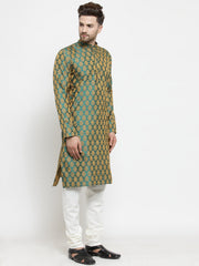 Men Green-Colored & Golden Self Design Kurta with Churidar