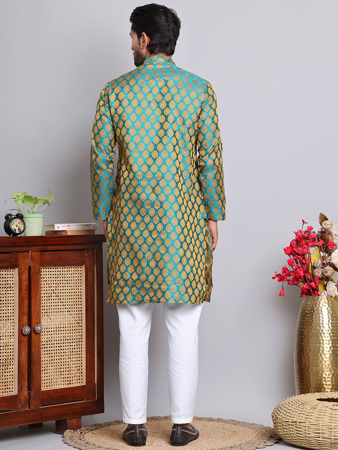 DesiQlo Men Woven Design Kurta Pyjama Set - Green - NJOKP_586Green_S