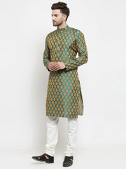 Men Green-Colored & Golden Self Design Kurta with Churidar