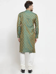 Men Green-Colored & Golden Self Design Kurta with Churidar ( JOKP 586 Green )-JOKP-586