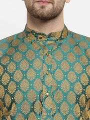 Men Green-Colored & Golden Self Design Kurta with Churidar