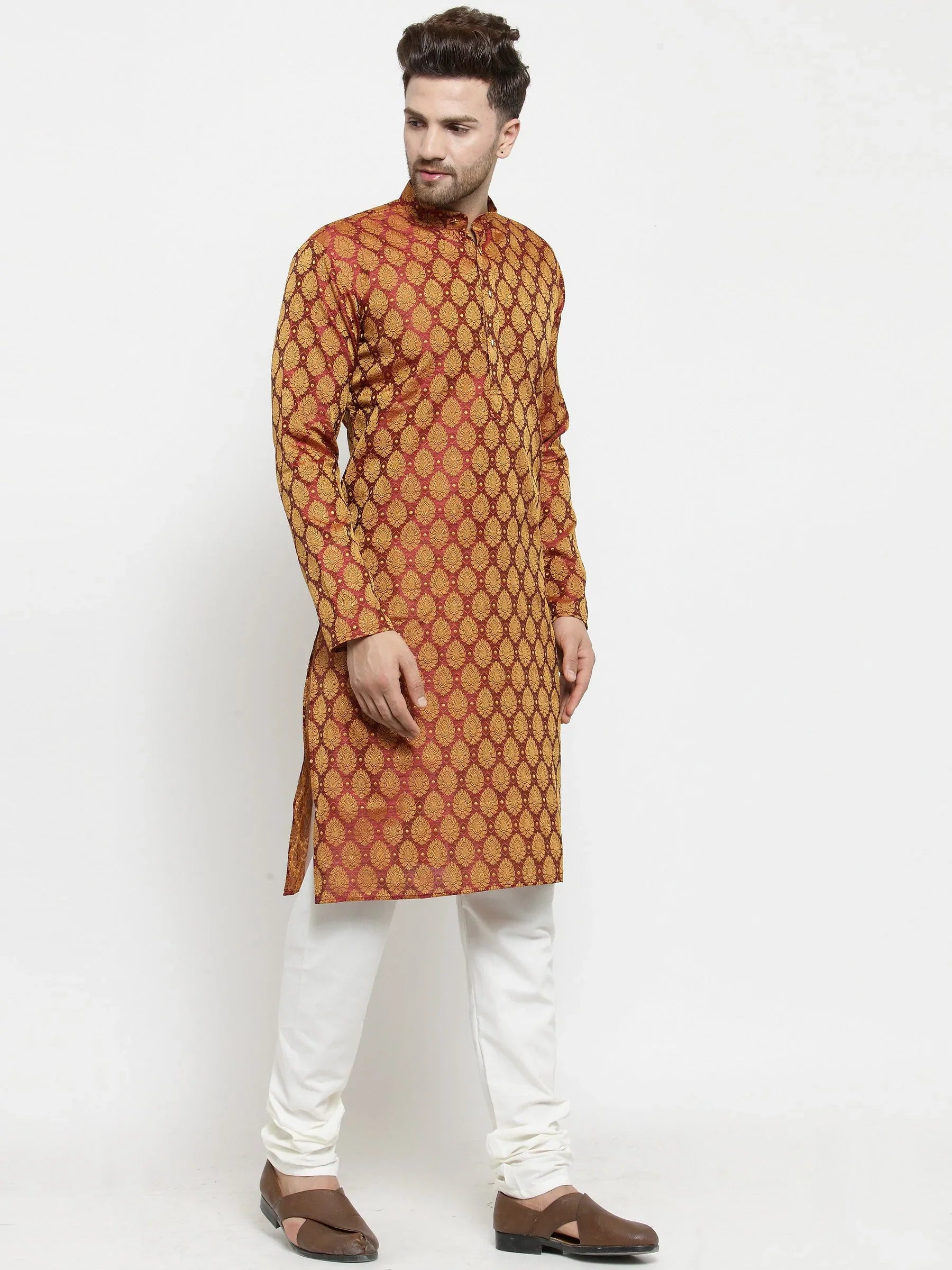 Maroon Mens Kurta Pajama Set - Golden Self Design Cotton Kurta