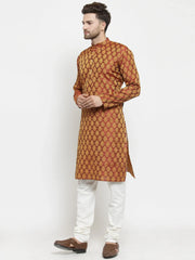 Men Maroon-Colored & Golden Self Design Kurta with Churidar ( JOKP 586 Maroon )-JOKP-586