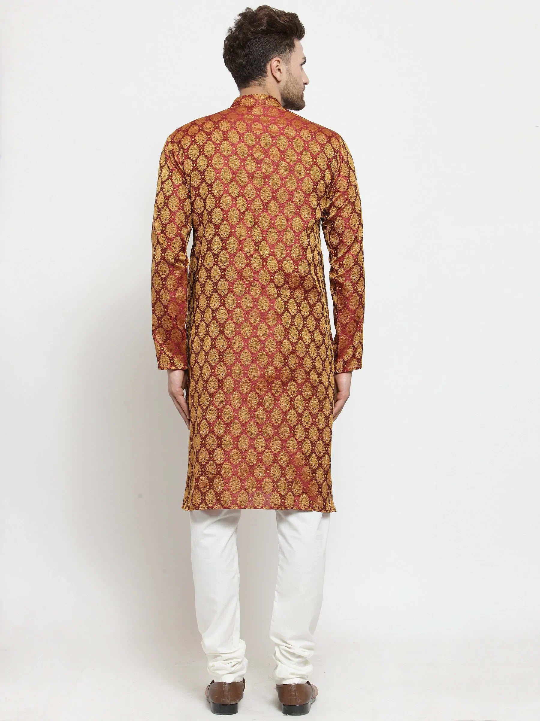 Maroon Mens Kurta Pajama Set - Golden Self Design Cotton Kurta