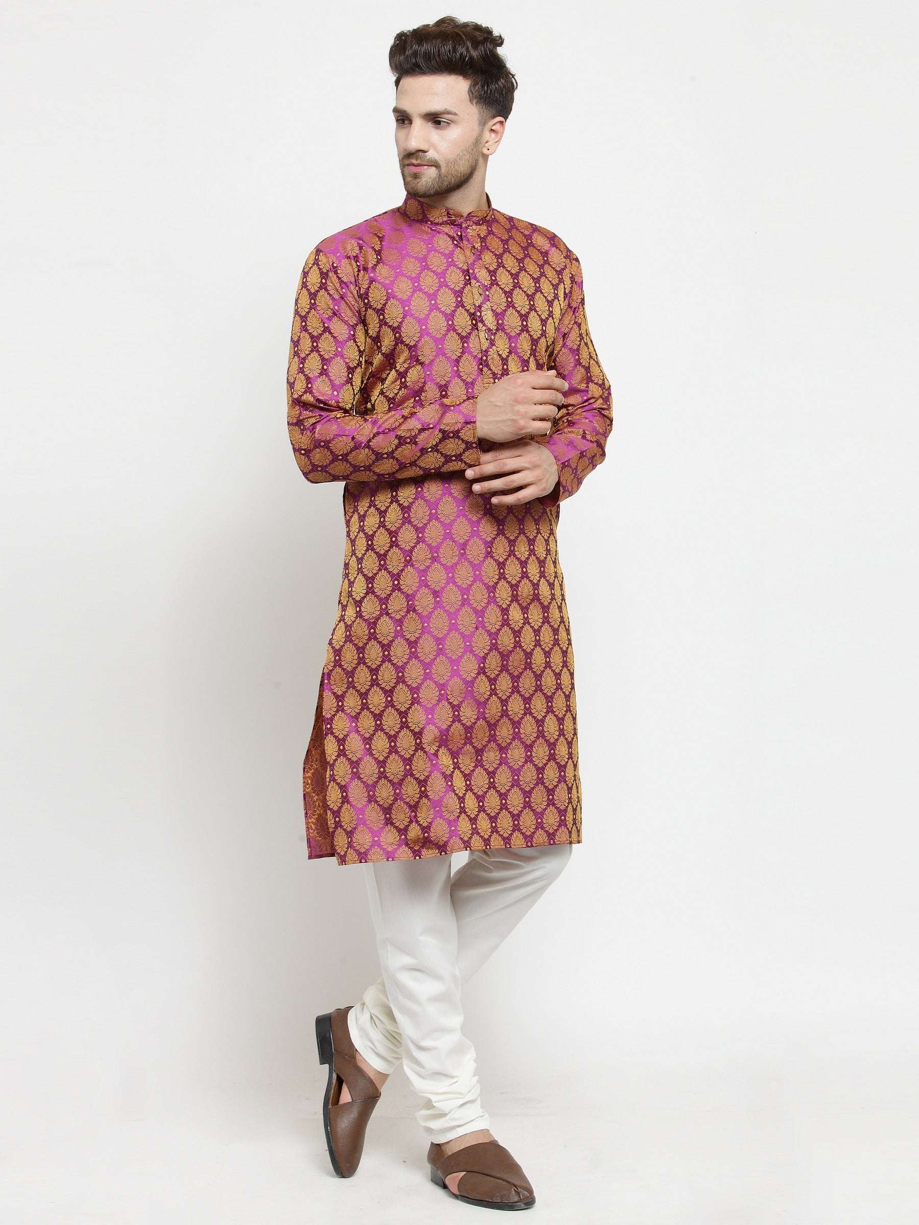 Pink & Gold Kurta Pajama Set | Mens Kurta Pajama, Pathani