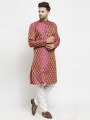 Men Pink-Colored & Golden Self Design Kurta with Churidar
