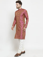 Men Pink-Colored & Golden Self Design Kurta with Churidar