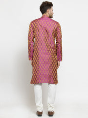 Men Pink-Colored & Golden Self Design Kurta with Churidar
