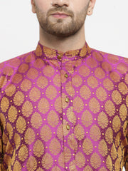 Men Pink-Colored & Golden Self Design Kurta with Churidar