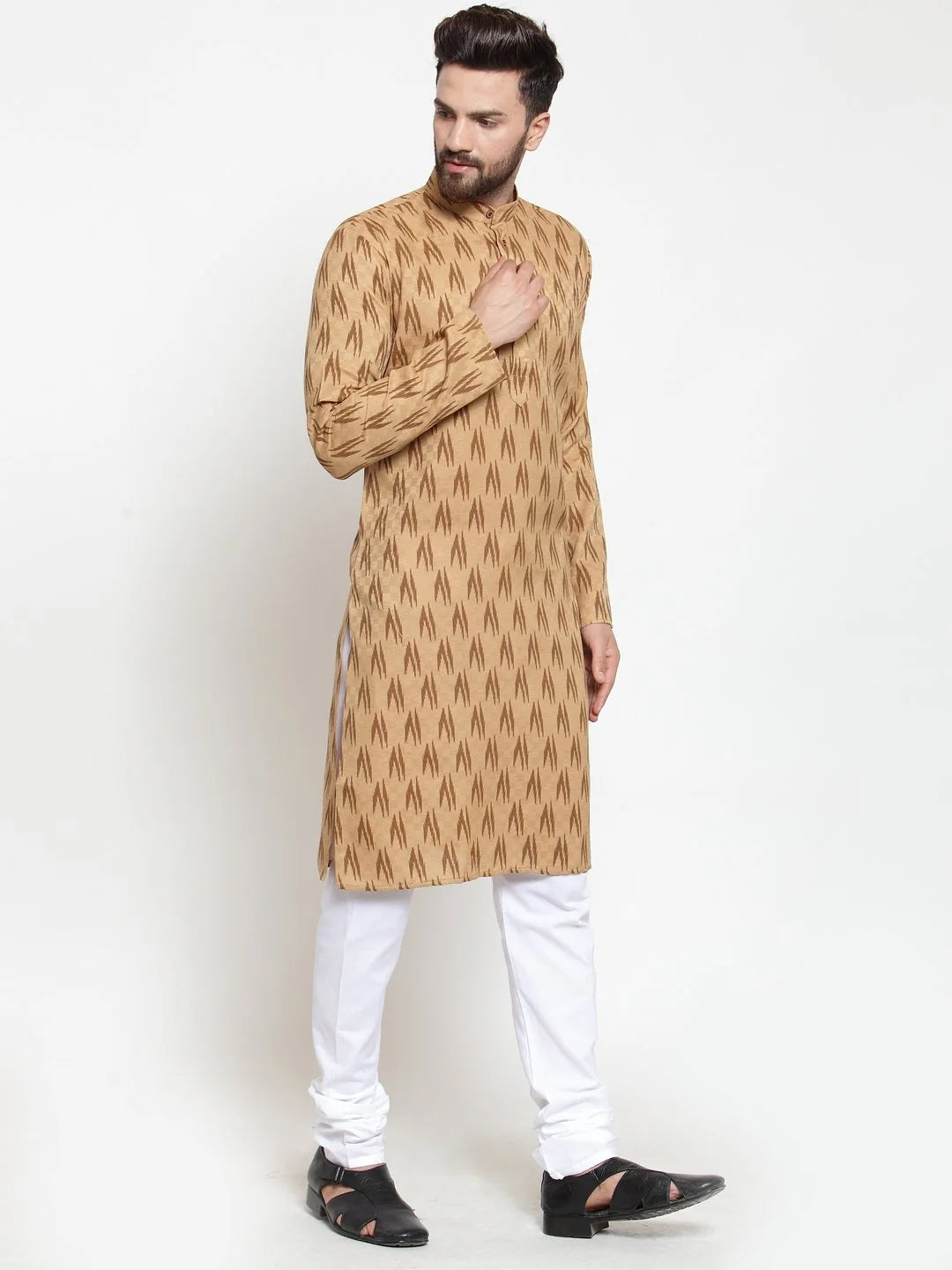 Brown Printed Mens Kurta - Cotton Blend Indian Kurta for Men
