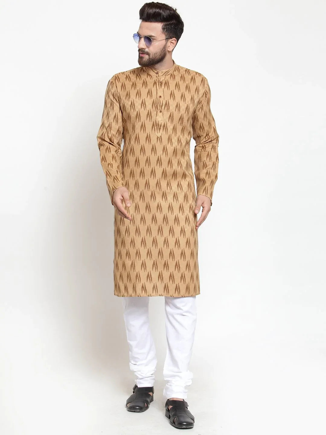 Brown Printed Mens Kurta Pajama Set - Cotton Kurta for Men