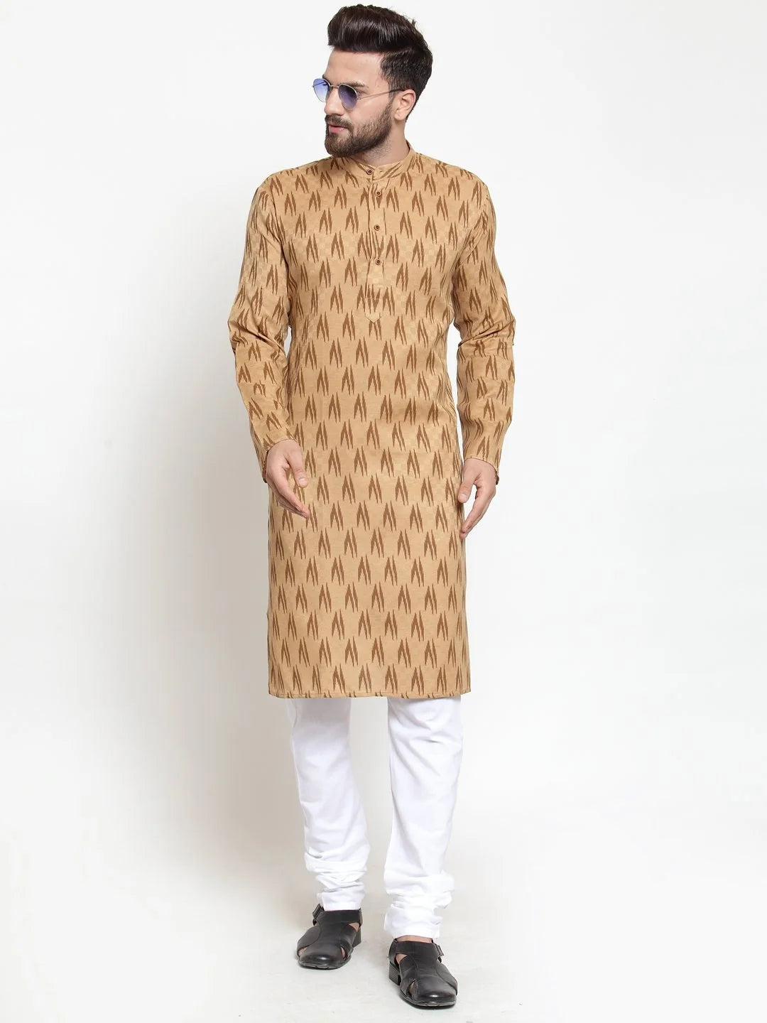 Brown Printed Mens Kurta - Cotton Blend Indian Kurta for Men