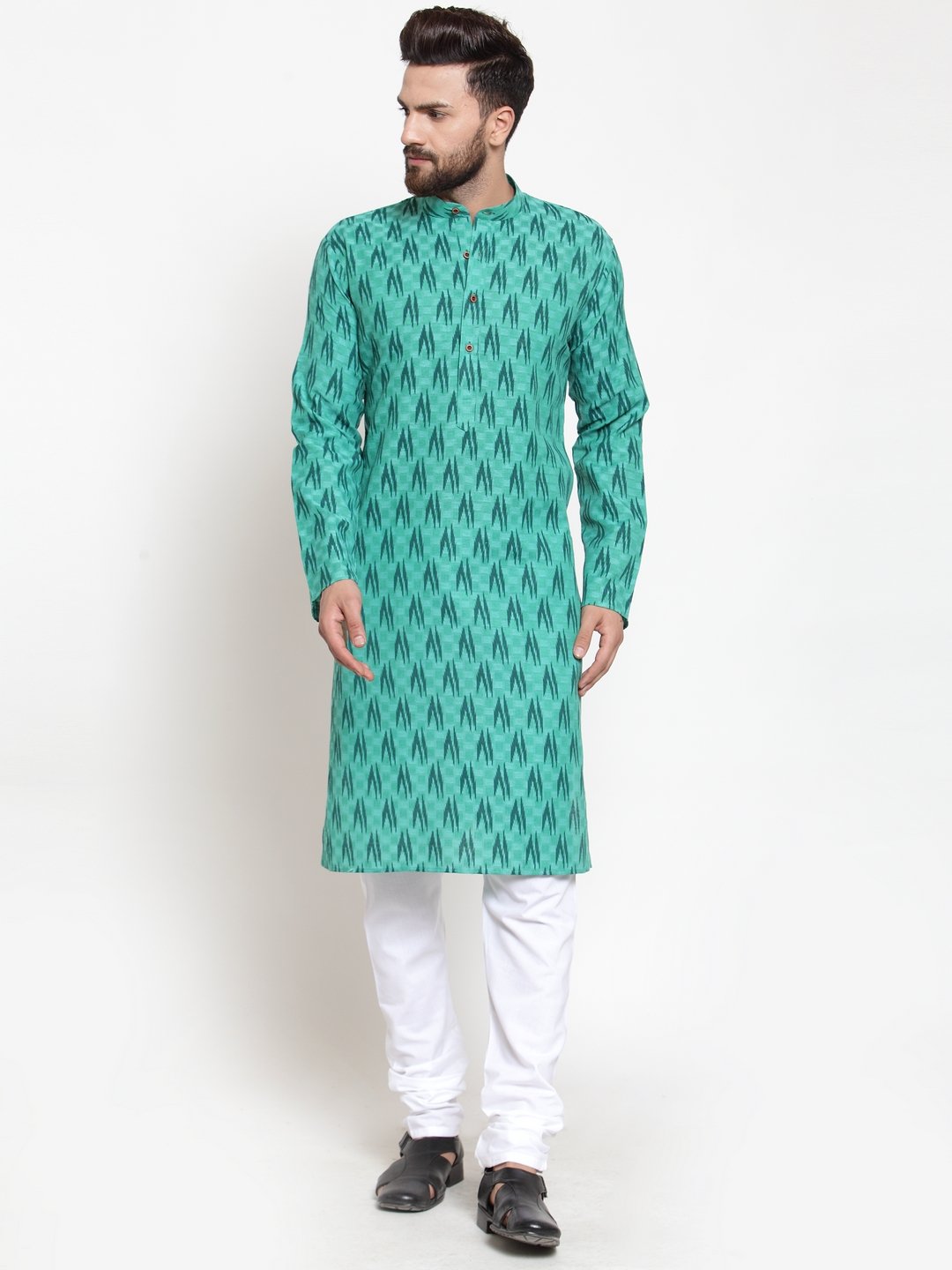 Green Printed Mens Kurta - Short Kurta for Men Online Shop
