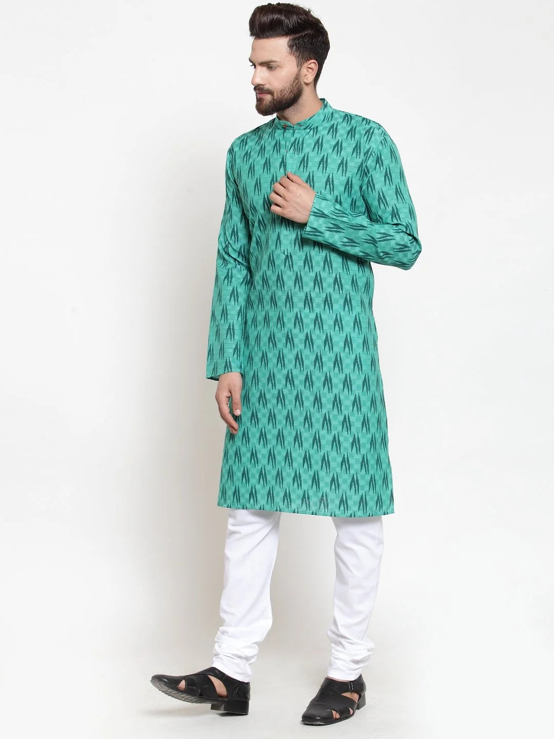 Green Printed Mens Kurta - Short Kurta for Men Online Shop