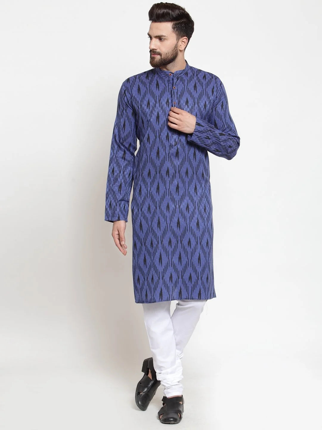 Navy-Blue Printed Mens Kurta - Indian Kurta for Men Online