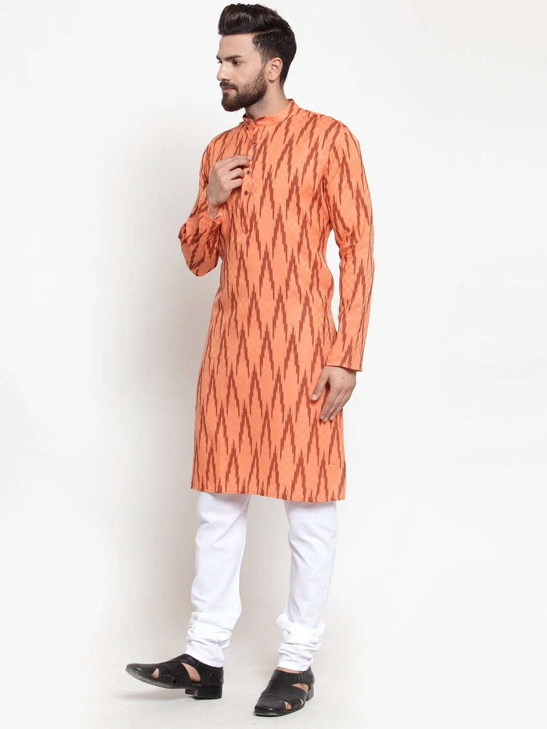 Orange Printed Mens Kurta - Wedding Kurta for Men Style