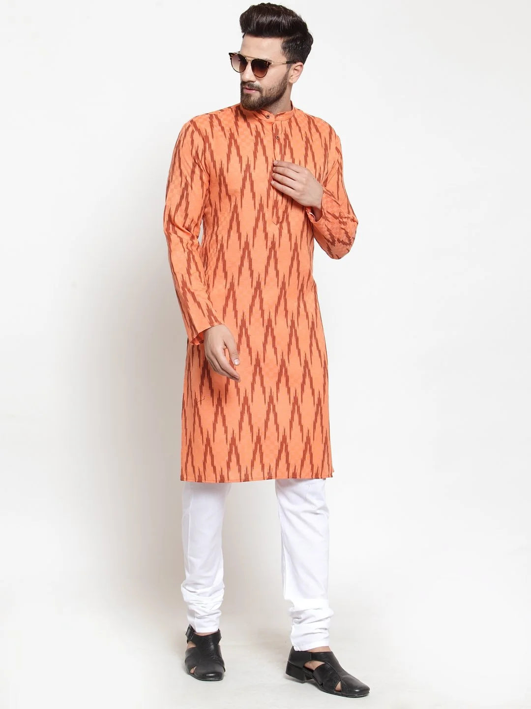 Orange Printed Mens Kurta - Wedding Kurta for Men Style