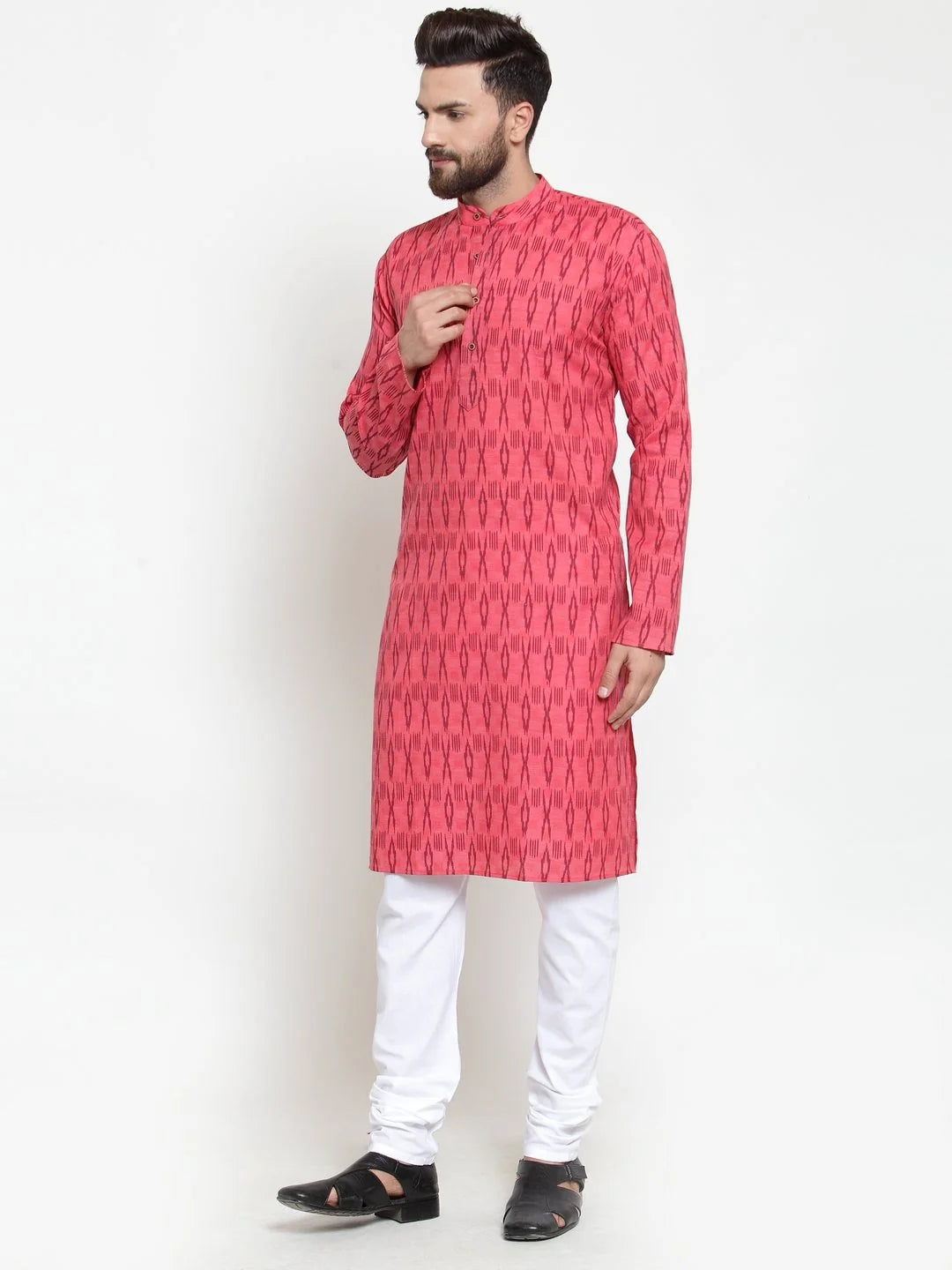 Peach Printed Mens Kurta - Cotton Blend Men's Kurta