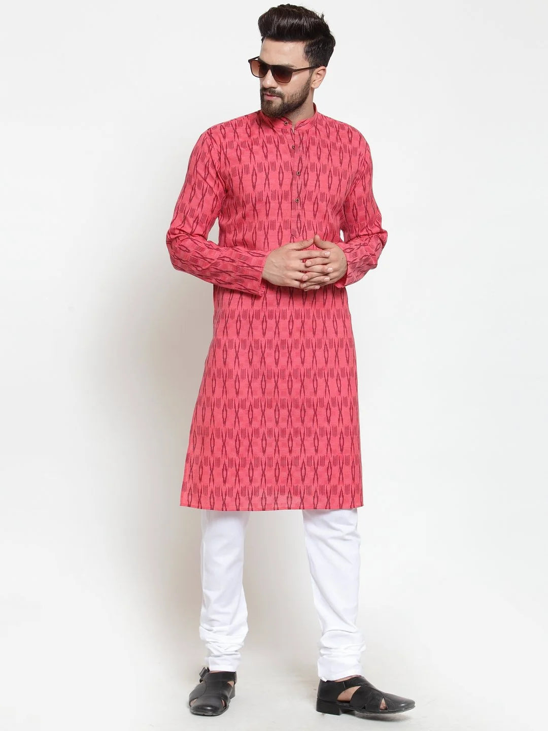 Peach Printed Mens Kurta - Cotton Blend Men's Kurta