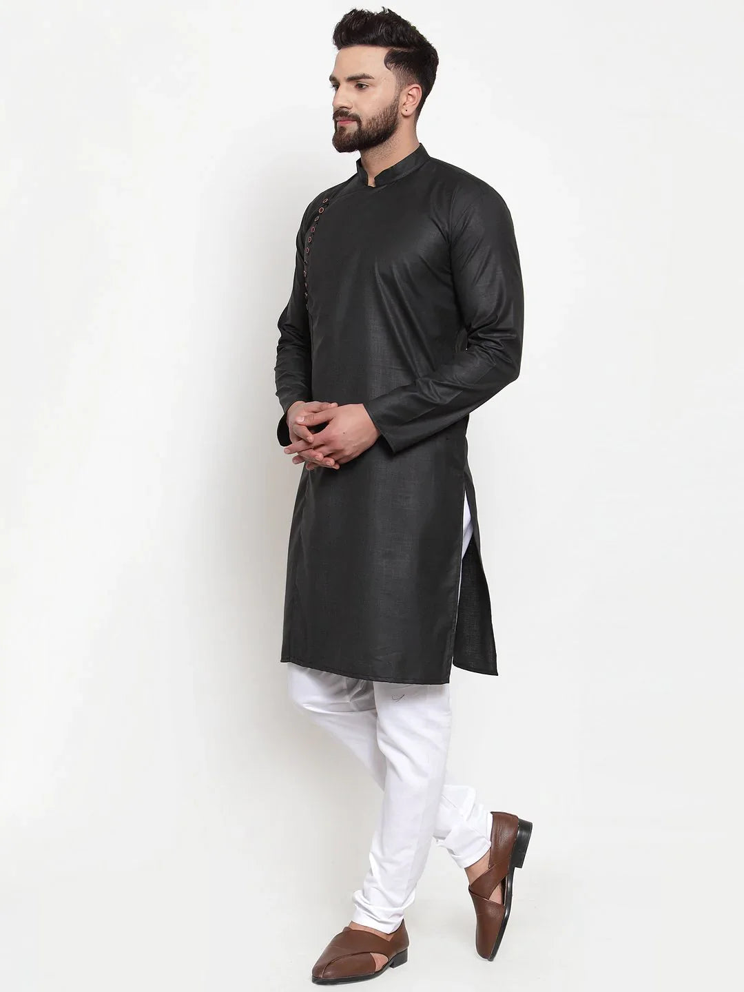 Black Solid Cotton Kurta Pajama Set for Men | Ethnic Wear