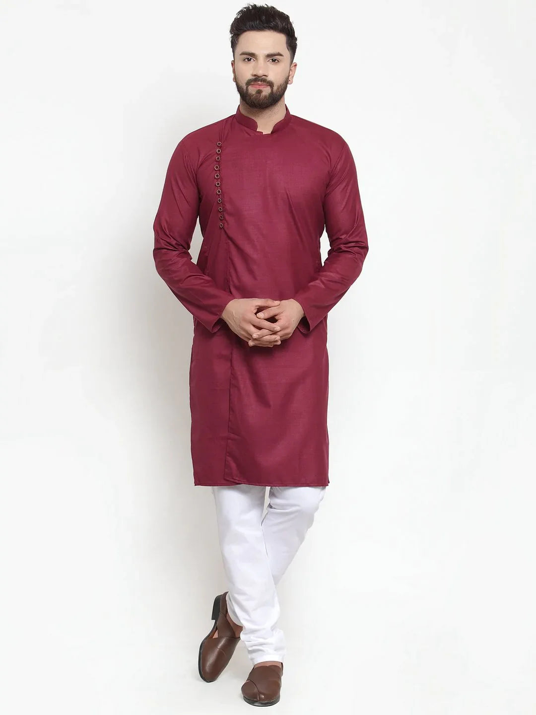 Maroon Solid Cotton Kurta Pajama Set for Men | Ethnic Wear