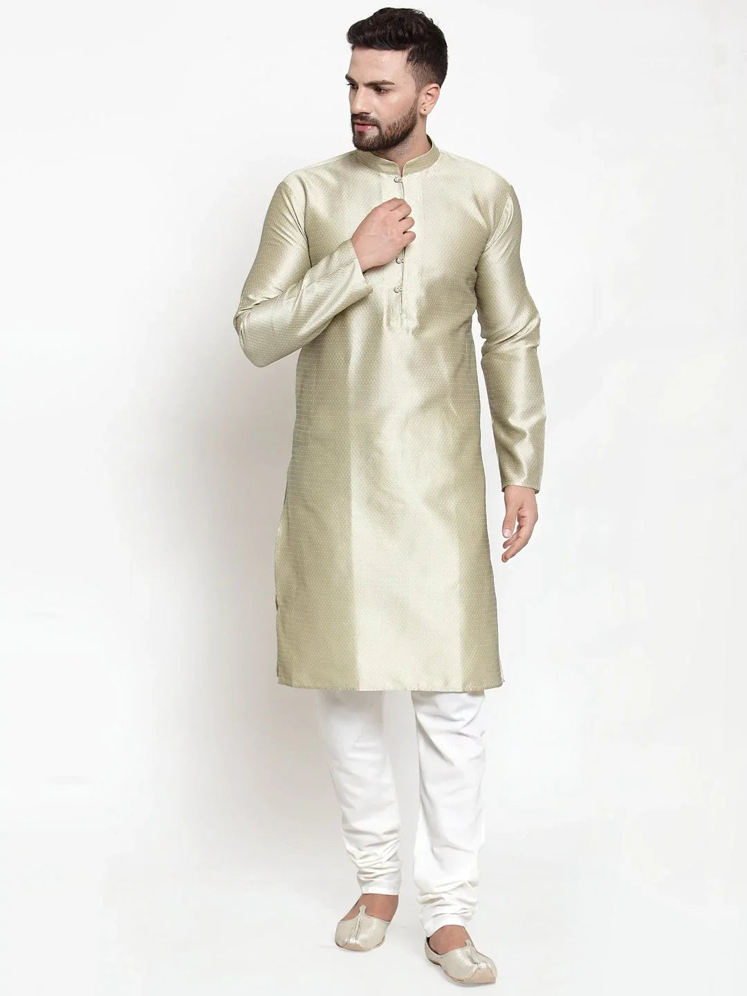 Beige & White Self Design Mens Kurta Pajama Set | Cotton