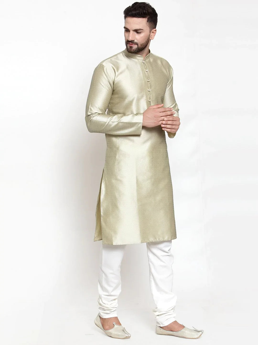 Beige & White Self Design Mens Kurta Pajama Set | Cotton
