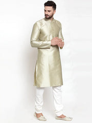 Men Beige & White Self Design Kurta with Churidar ( JOKP 589 Beige )-JOKP-589
