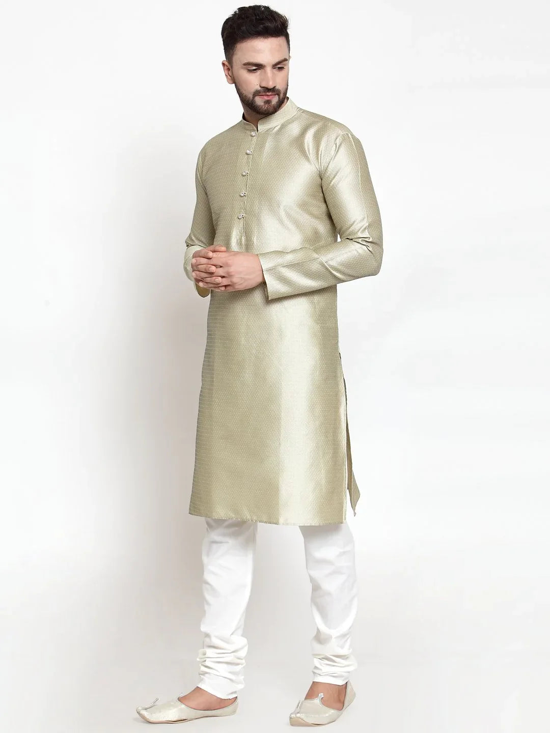 Beige & White Self Design Mens Kurta Pajama Set | Cotton