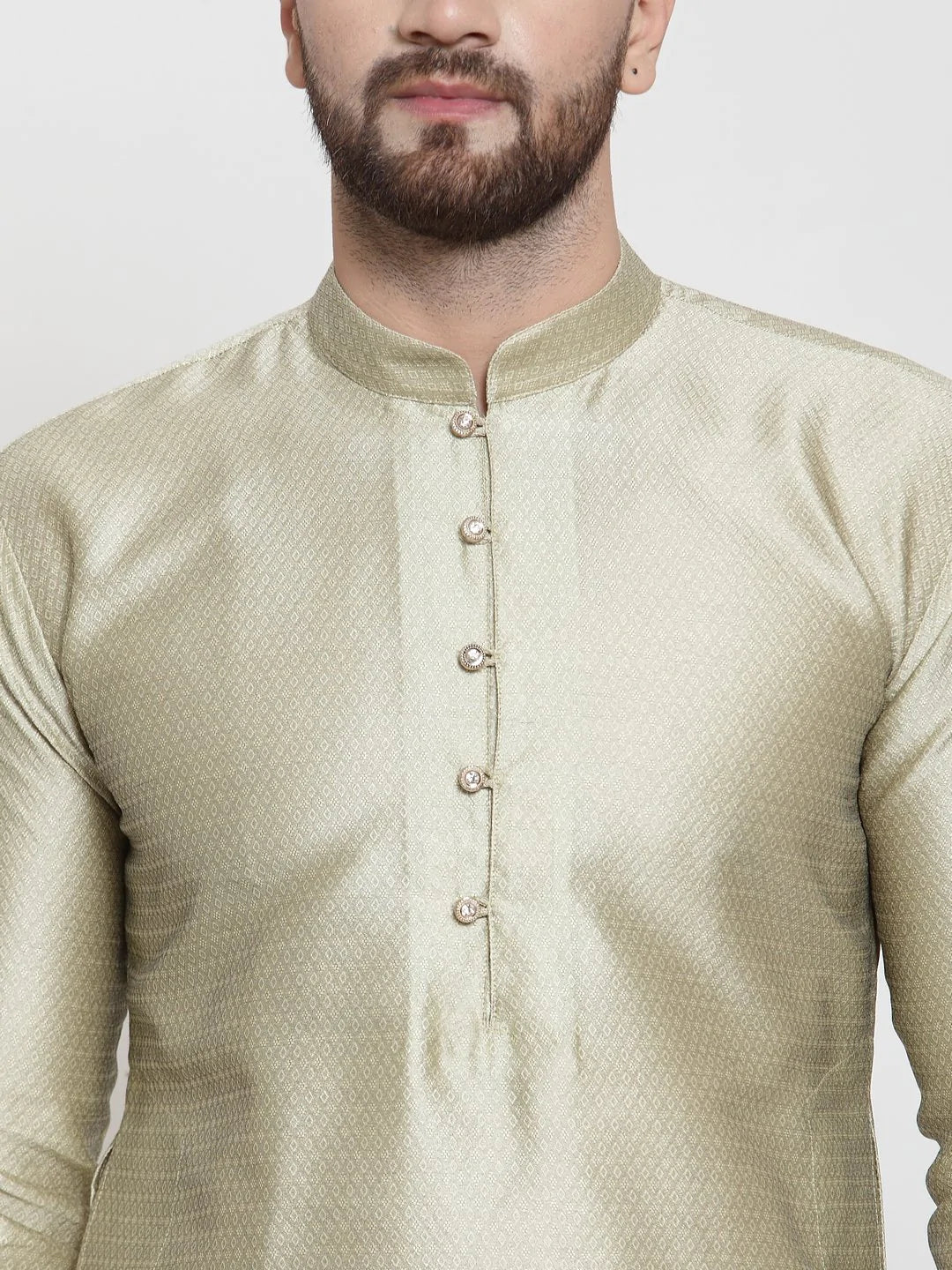Beige & White Self Design Mens Kurta Pajama Set | Cotton