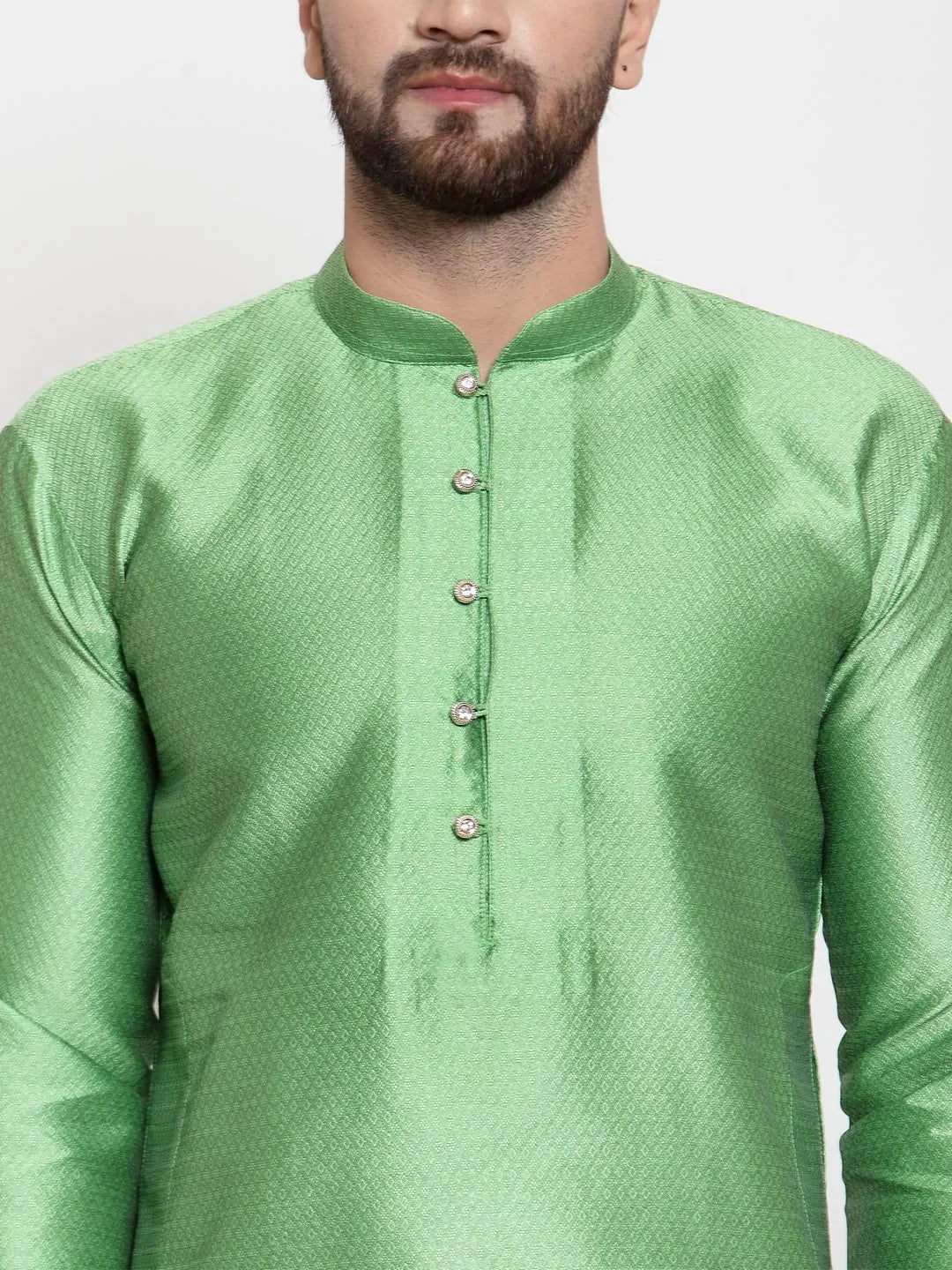 Green & White Self Design Mens Kurta Pajama Set | Cotton