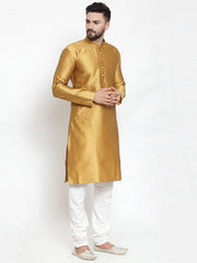 Men Mustard & White Self Design Kurta with Churidar ( JOKP 589 Mustard )-JOKP-589