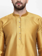 Men Mustard & White Self Design Kurta with Churidar ( JOKP 589 Mustard )-JOKP-589