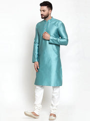 Men Light-Blue & White Self Design Kurta with Churidar ( JOKP 589 Sky )-JOKP-589