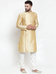 Men Mustard & Golden Self Design Kurta with Churidar ( JOKP 590 Mustard )-JOKP-590