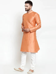 Men Peach & Golden Self Design Kurta with Churidar ( JOKP 590 Peach )-JOKP-590
