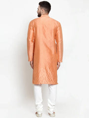 Men Peach & Golden Self Design Kurta with Churidar ( JOKP 590 Peach )-JOKP-590