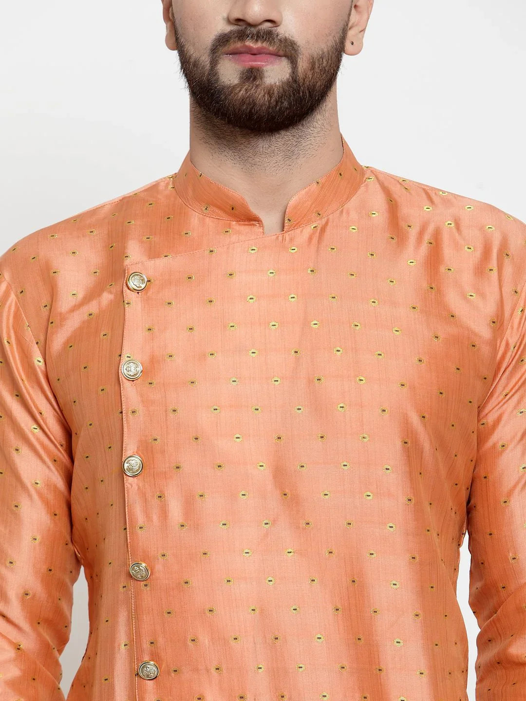 Peach & Golden Kurta Pajama - Stylish Mens Kurta Pajama Set