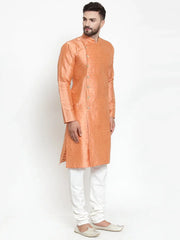 Men Peach & Golden Self Design Kurta with Churidar ( JOKP 590 Peach )-JOKP-590