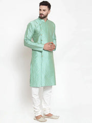 Men Sky-Blue & Golden Self Design Kurta with Churidar ( JOKP 590 Sky )-JOKP-590