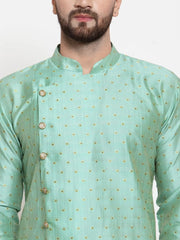 Men Sky-Blue & Golden Self Design Kurta with Churidar ( JOKP 590 Sky )-JOKP-590