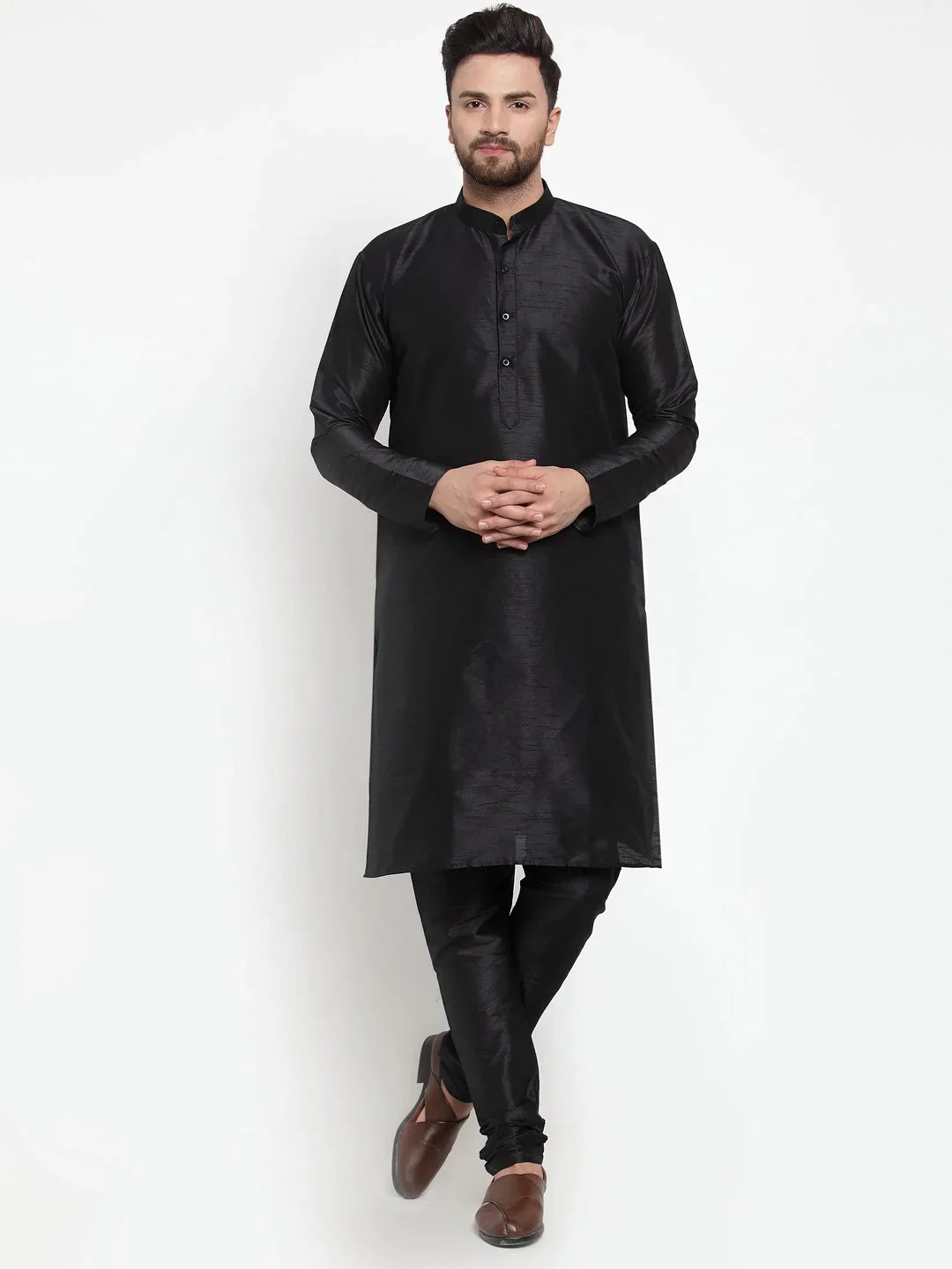 Black Solid Kurta Pajama Set - Cotton Mens Kurta Churidar
