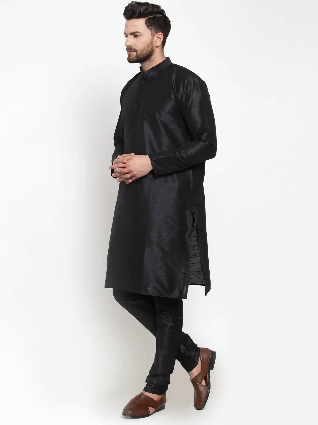 Black Solid Kurta Pajama Set - Cotton Mens Kurta Churidar