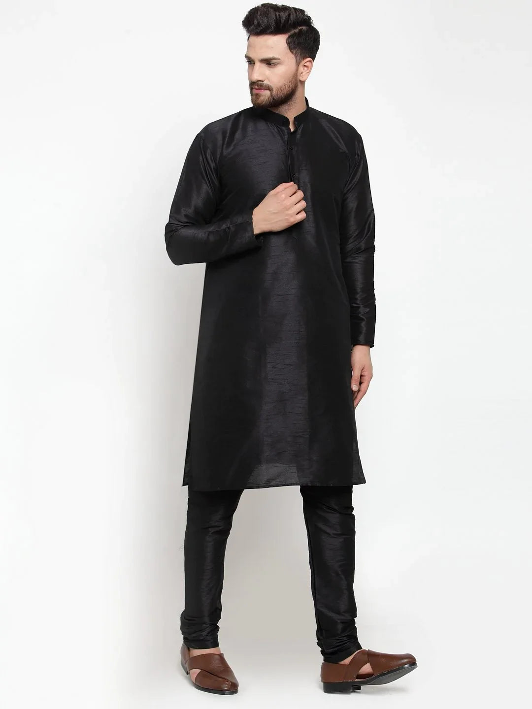 Black Solid Kurta Pajama Set - Cotton Mens Kurta Churidar