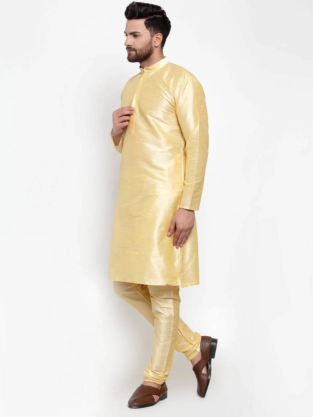 Golden Kurta Pajama Set for Men - Solid Cotton Kurta Churidar