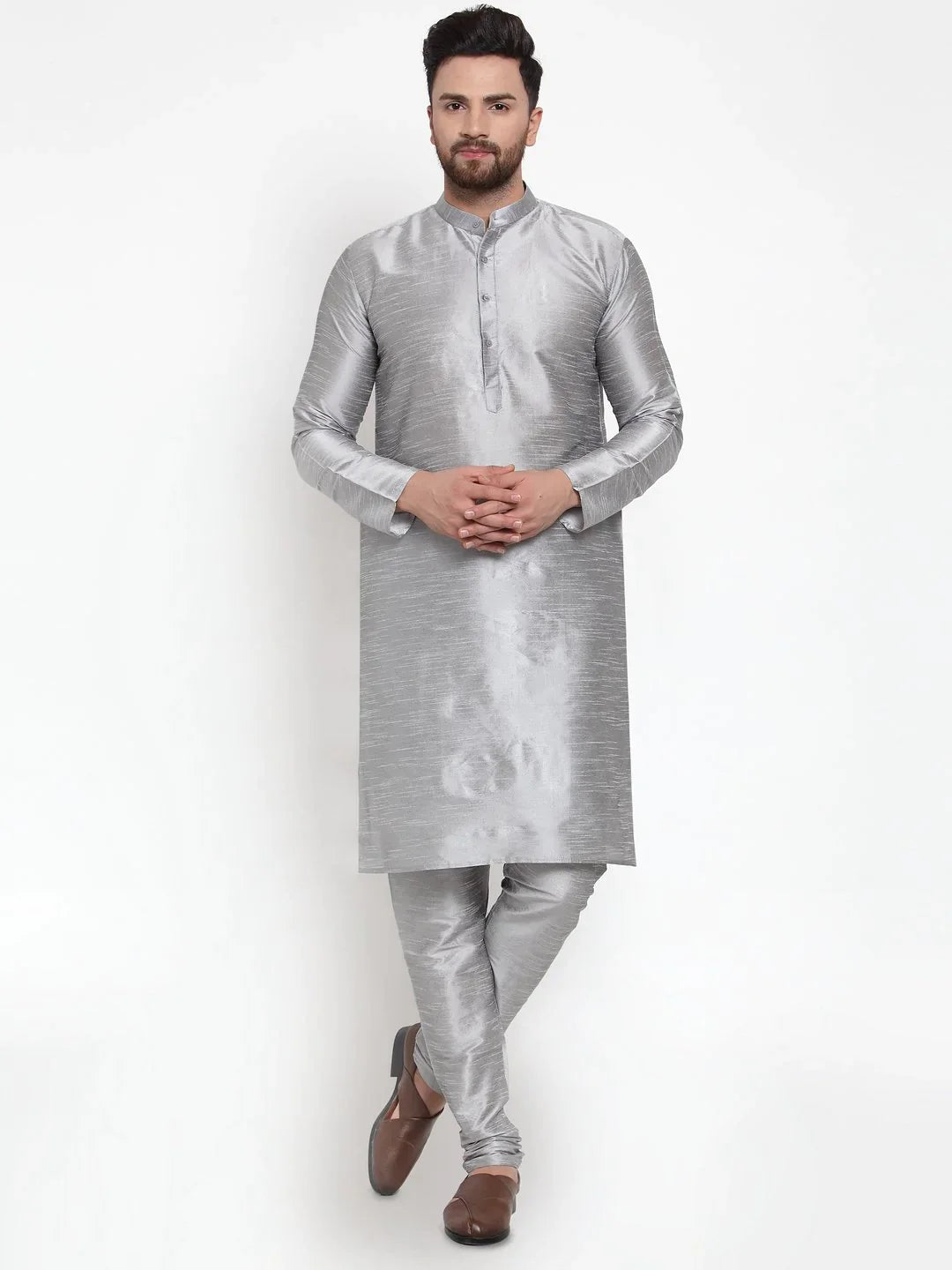 Silver Mens Kurta Pajama Set - Solid Cotton Churidar Outfit
