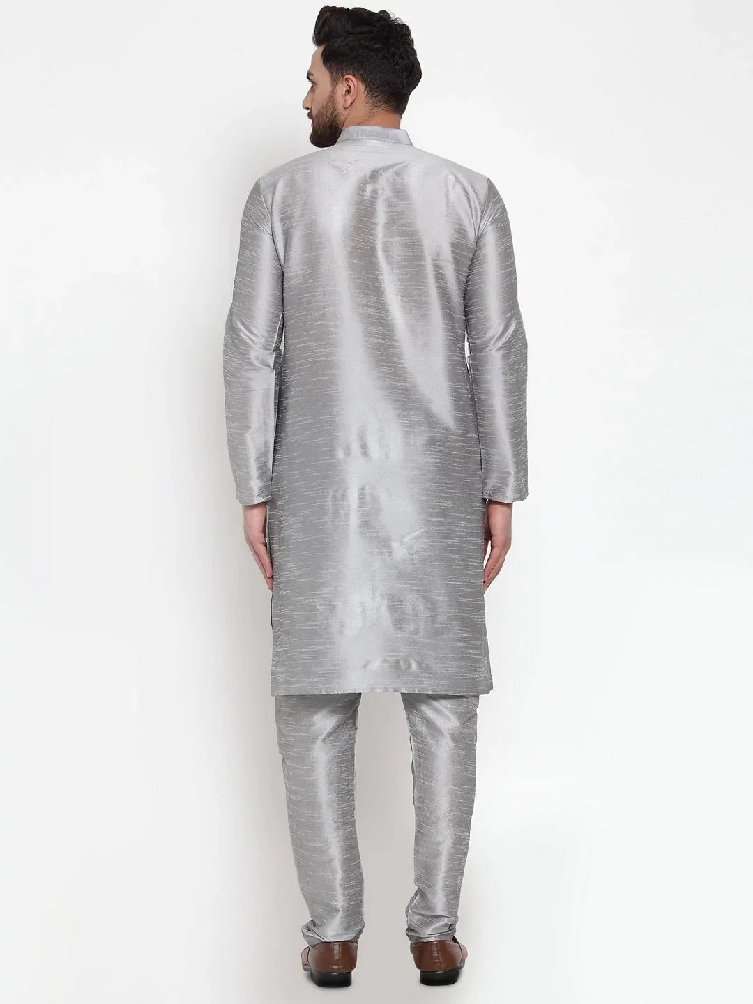 Silver Mens Kurta Pajama Set - Solid Cotton Churidar Outfit