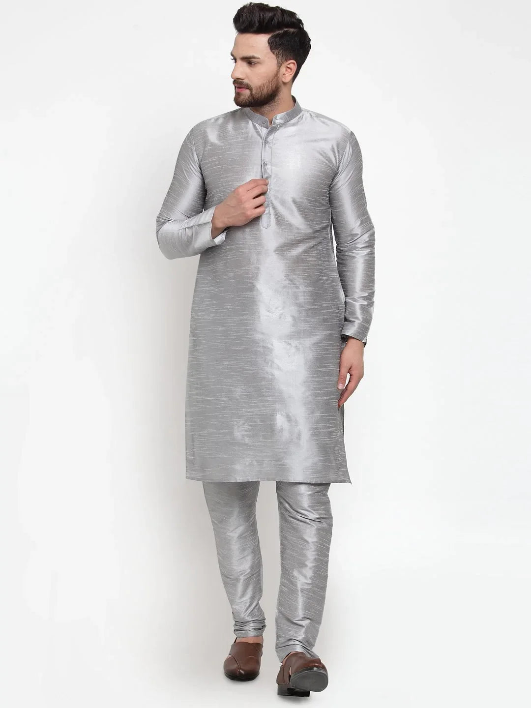 Silver Mens Kurta Pajama Set - Solid Cotton Churidar Outfit